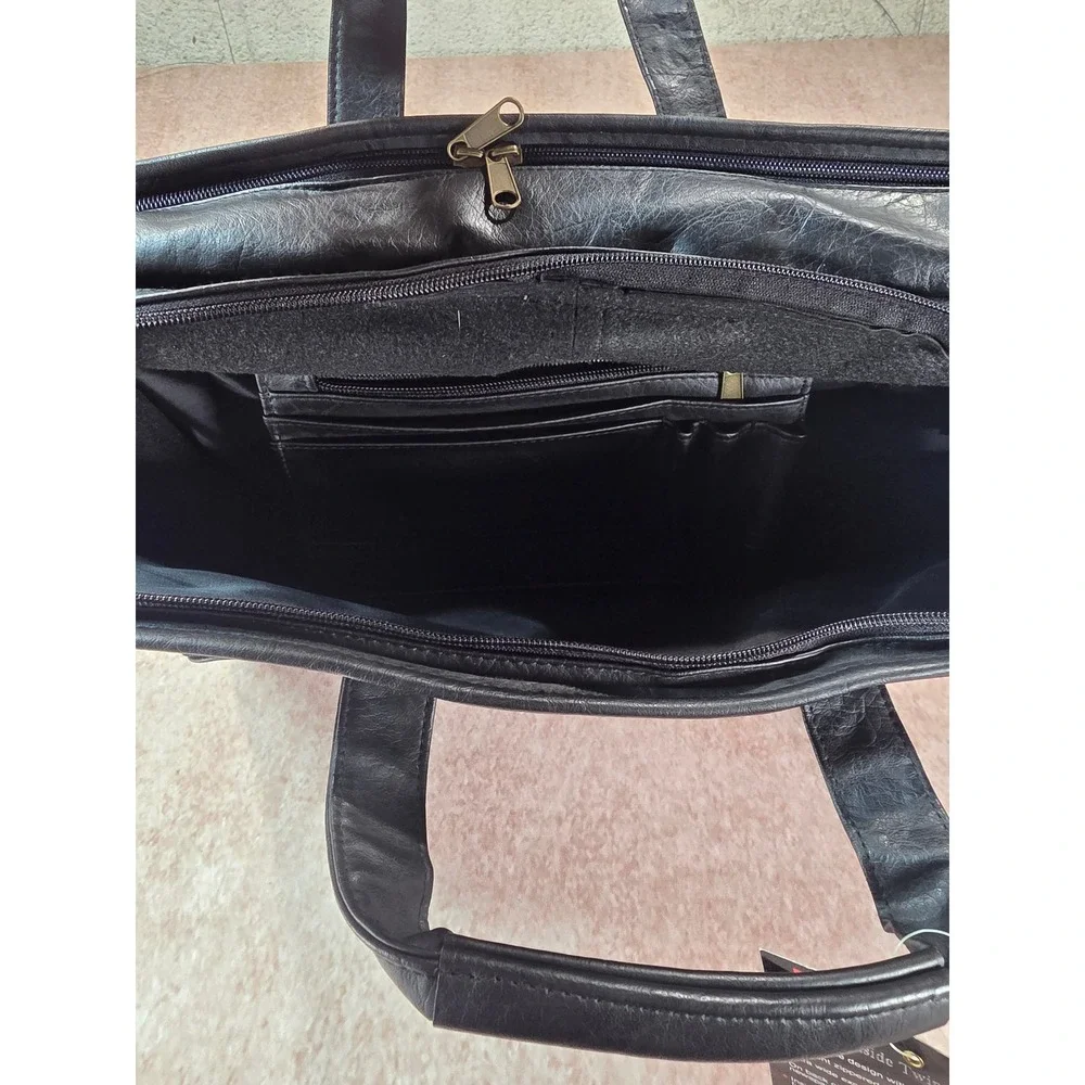 Expandable Twin Pocket Portfolio Leather Briefcase Bag NWT Black